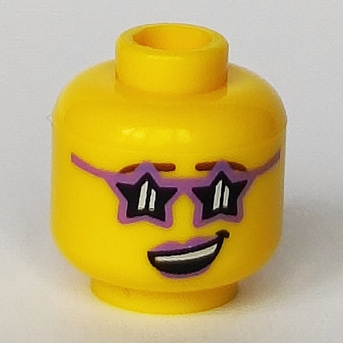 Lego Minifig Head Disco Diva, Glasses Star Shaped, Medium Lavender Lips, Open Lopsided Smile with Teeth Print [Hollow Stud] / Yellow