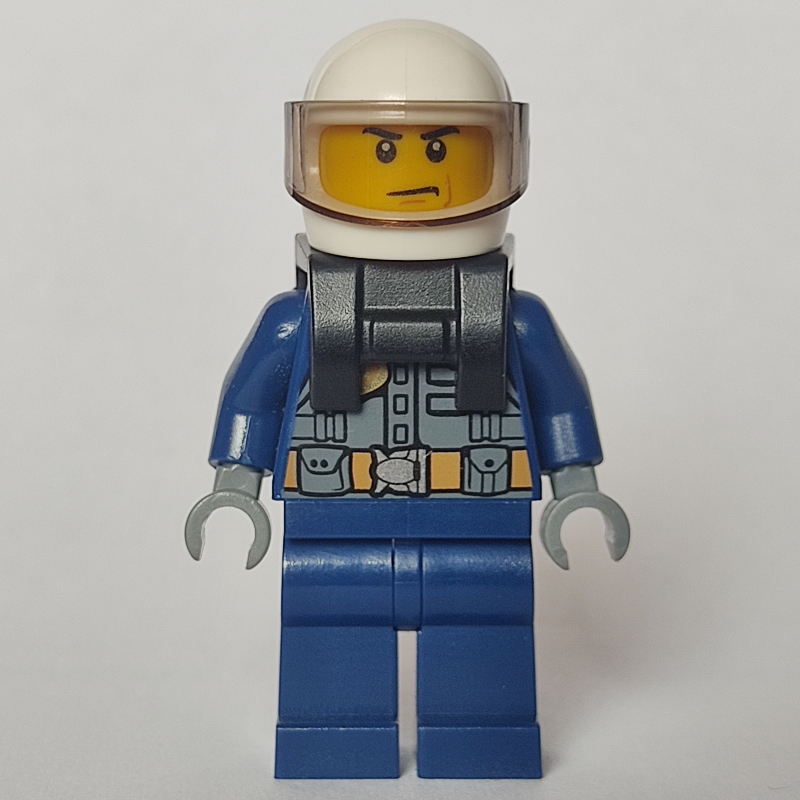 Lego Policeman, Dark Bluish Gray Vest with Radio and Badge over Dark Blue Shirt, White Helmet with Visor, Neck Bracket