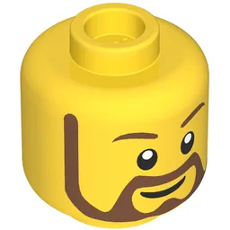 Minifig Head, Beard Brown Rounded, White Pupils, Grin Print / Yellow