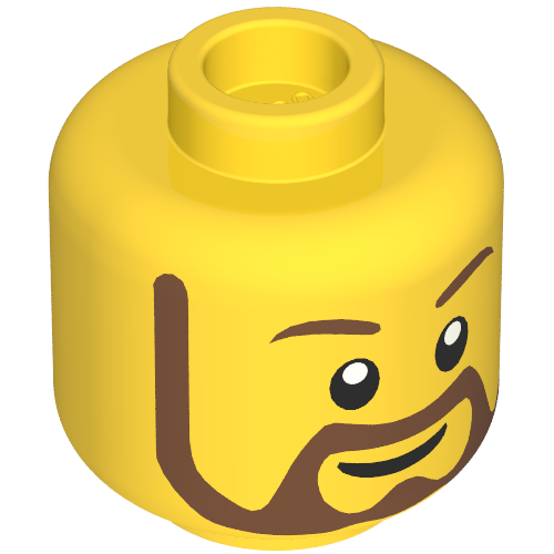 Lego Minifig Head, Beard Brown Rounded, White Pupils, Grin Print / Yellow