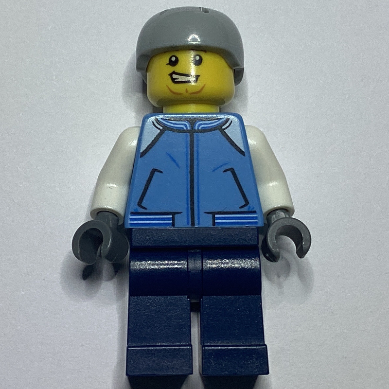 Lego Man, Bright Light Blue Letterman Jacket, Dark Blue Legs, Light Bluish Gray Helmet