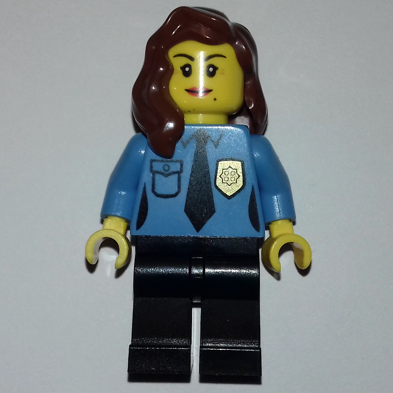 Lego Policewoman, Medium Blue Shirt with Tie and Badge, Black Legs, Reddish Brown Hair