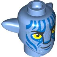 Minifig Head Special Alien Na'vi with Yellow Eyes, Dark Blue/Bright Light Orange Markings, Mean Print / Medium Blue