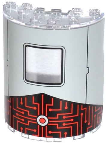 Lego Cylinder Half 3 x 6 x 6 with 1 x 2 Cutout with Square Window, Black Lines, Red Button and Circuitry Pattern (Sticker) - Set 79105