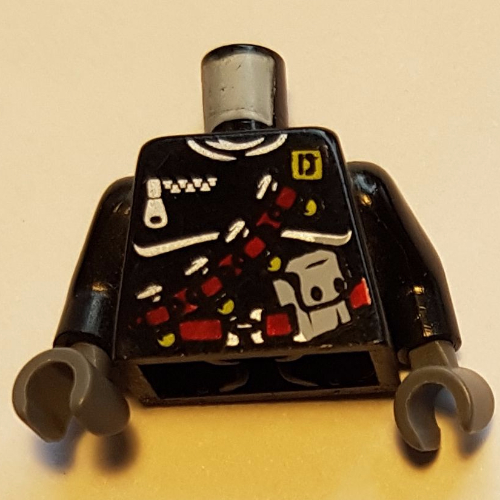 Lego Torso Vest with Dark Red Harness, 4 Bullets Print, Black Arms, Dark Bluish Gray Hands / Black