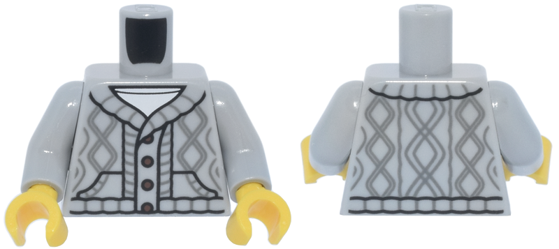 Lego Torso Knit Cable Cardigan Sweater with Dark Bluish Gray Lines, Dark Brown Buttons, and Pockets over White Shirt Pattern / Light Bluish Gray Arms / Yellow Hands