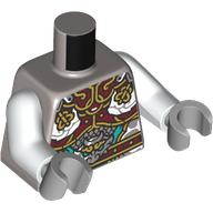 Lego Torso, Gold/Dark Red/Dark Turquoise Asian Decorations print, White Arms, Light Bluish Gray Hands / Flat Silver