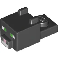 Animal Body Part, Cat Head 1 x 2 with Cube with Ears, Nose and Pixelated Face with Green Eyes and Bright Pink Nose Print (Cat) / Black