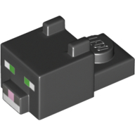 Lego Animal Body Part, Cat Head 1 x 2 with Cube with Ears, Nose and Pixelated Face with Green Eyes and Bright Pink Nose Print (Cat) / Black