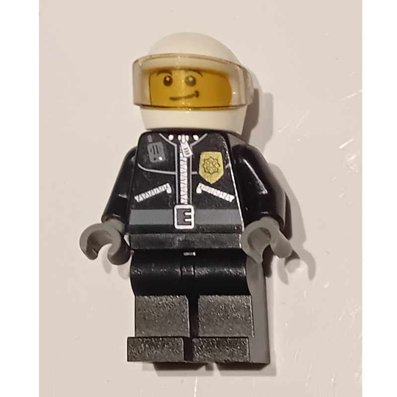 Lego Policeman, Black Jacket with Zipper, Radio, and Badge, White Helmet and Visor, Brown Eyebrows