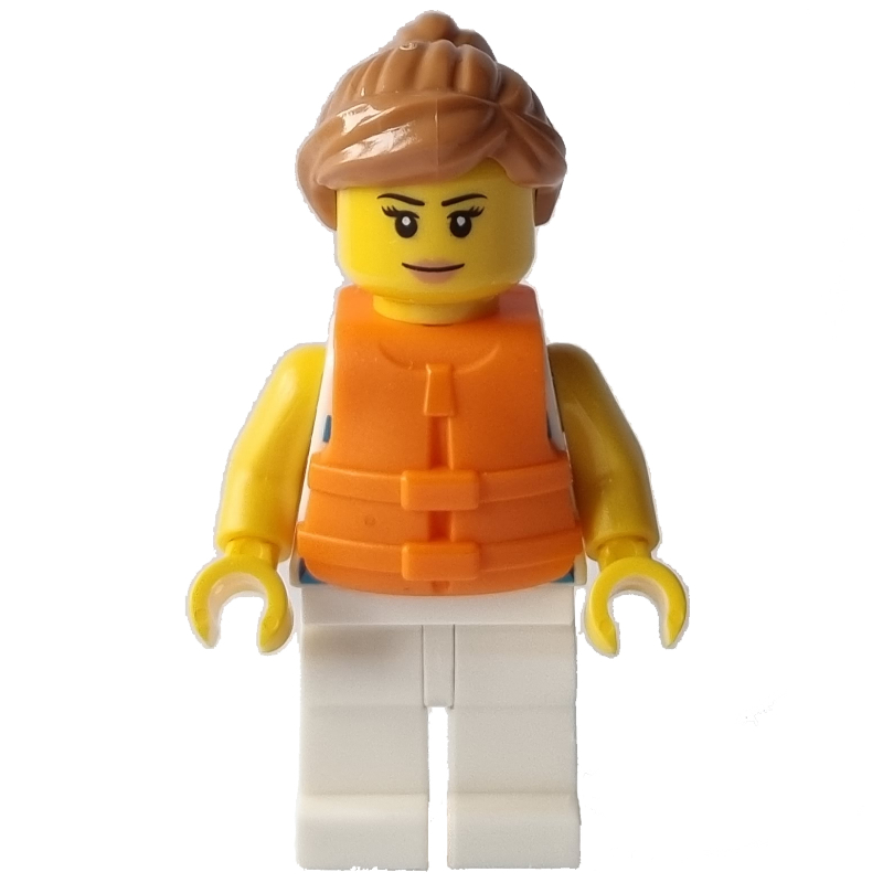Lego Woman, Blue Striped Shirt, White Legs, Orange Life Vest