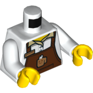 Lego Torso Shirt, Reddish Brown Apron with Coffee Mug, Name Tag Print, White Arms, Yellow Hands / White