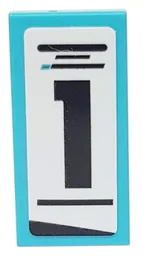 Tile 1 x 2 with Black Lines and Number 1 on White Background Pattern Model Right Side (Sticker) - Set 76898 / Medium Azure