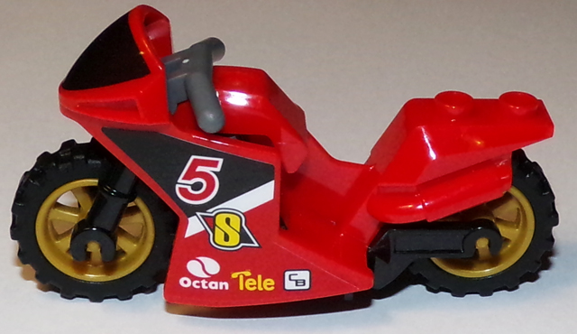 Lego Motorcycle Sport Bike with Black Windshield Pattern, Black Frame, Pearl Gold Wheels and Dark Bluish Gray Handlebars with Number 5 and Octan Logo Pattern on Both Sides (Stickers) - Set 60084