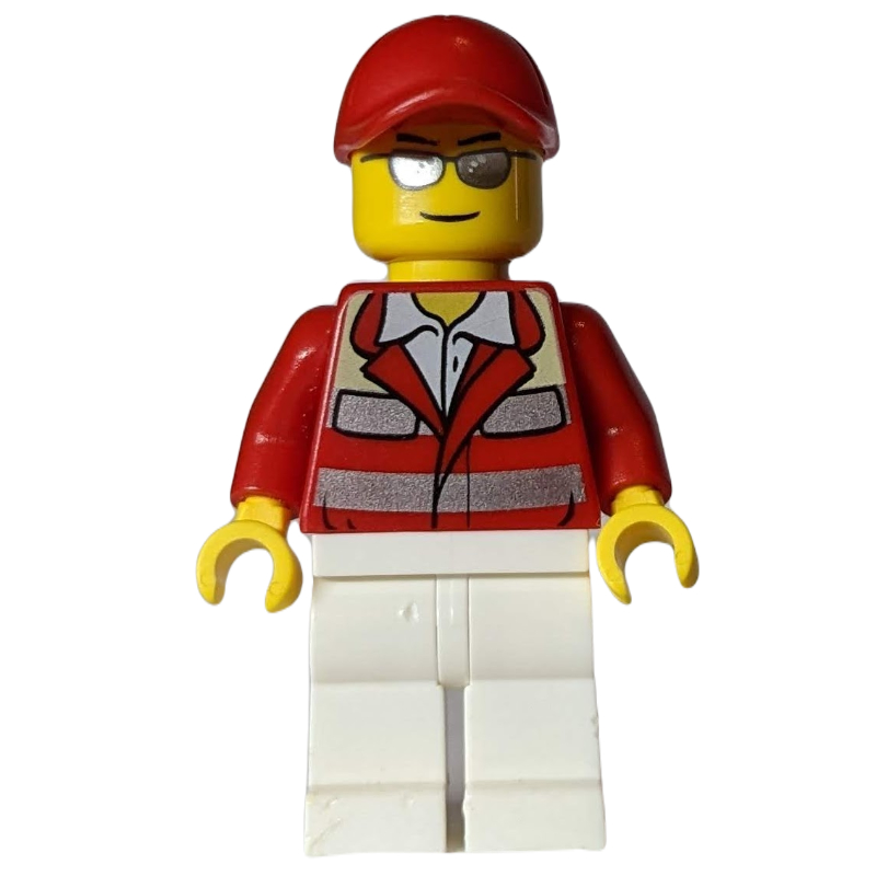 Lego Paramedic, Red Jacket, White Legs, Red Cap, Silver Sunglasses