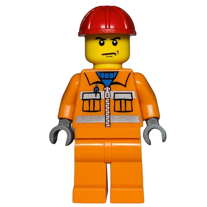 Lego Construction Worker, Orange Jacket with Zipper and Reflective Stripes, Orange Legs, Red Hard Hat