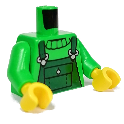 Lego Torso, Dark Green Overall, Sweater print, Bright Green Arms, Yellow Hands / Bright Green
