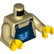 Lego Torso Overalls Blue over Crew Neck Shirt with Drainpipe Print, Tan Arms, Yellow Hands / Tan