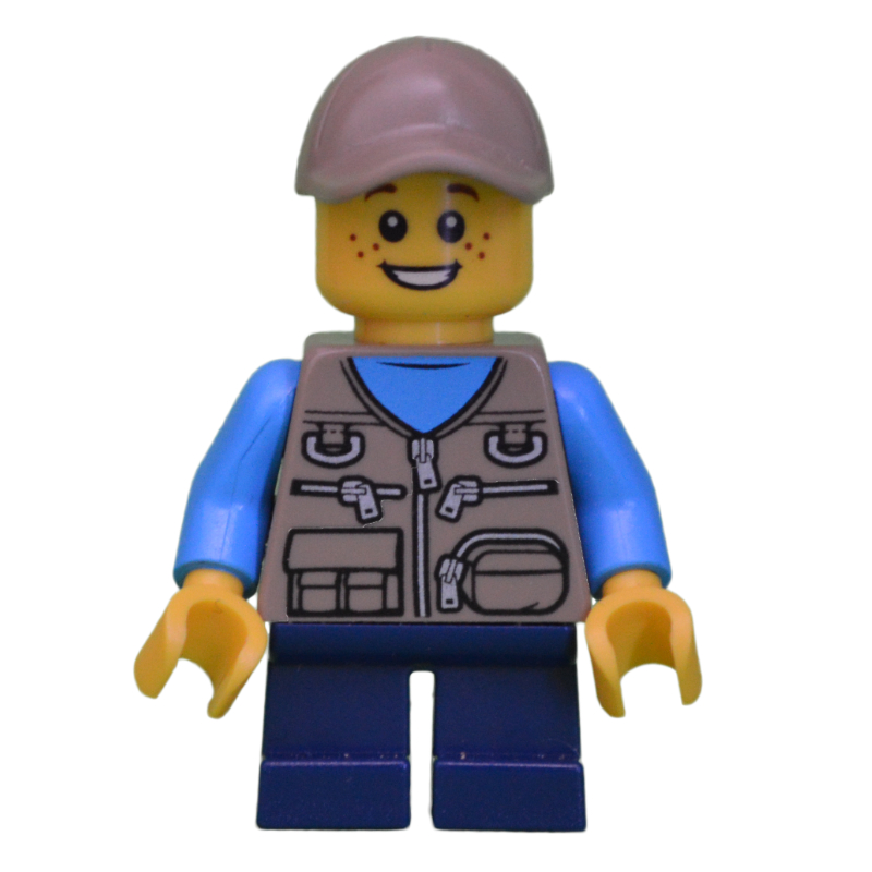 Lego Boy, Dark Tan Vest with Zippers and Pouches, Short Dark Blue Legs, Dark Tan Cap