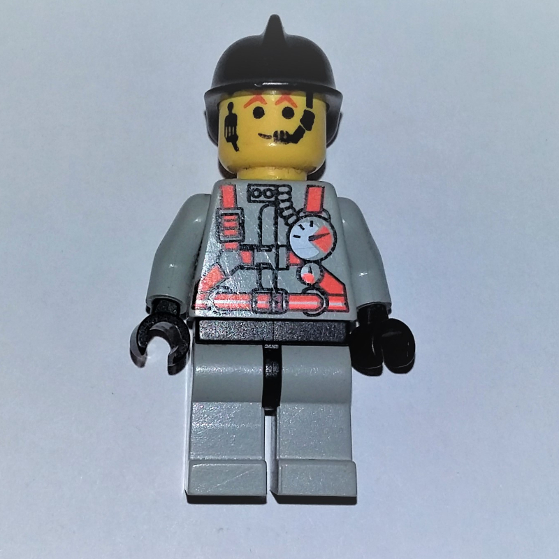 Lego Fireman, Light Gray Fire Suit with Gauges and Straps, Black Helmet, Headset