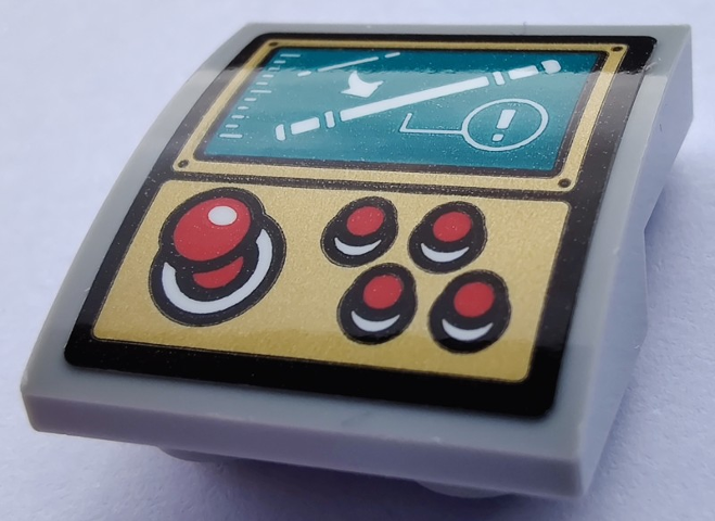 Lego Slope, Curved 2 x 2 x 2/3 Inverted with 4 Red Buttons, Joystick, White Stick and Exclamation Mark on Dark Turquoise Display Pattern (Sticker) - Set 80012