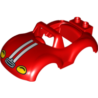 Lego Duplo Car Body with Windscreen Frame with Yellow Headlights & White Racing Stripes Print / Red