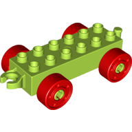 Lego Duplo Car Base 2 x 6 with Fake Bolts, Open Hitch End and Red Wheels / Lime