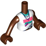 Lego Minidoll Torso Girl with Reddish Brown Arms and Hands with White Tied Shirt, Coral/Dark Turquoise Rectangles, Magenta Arrow, Dark Blue Necklace print / Reddish Brown