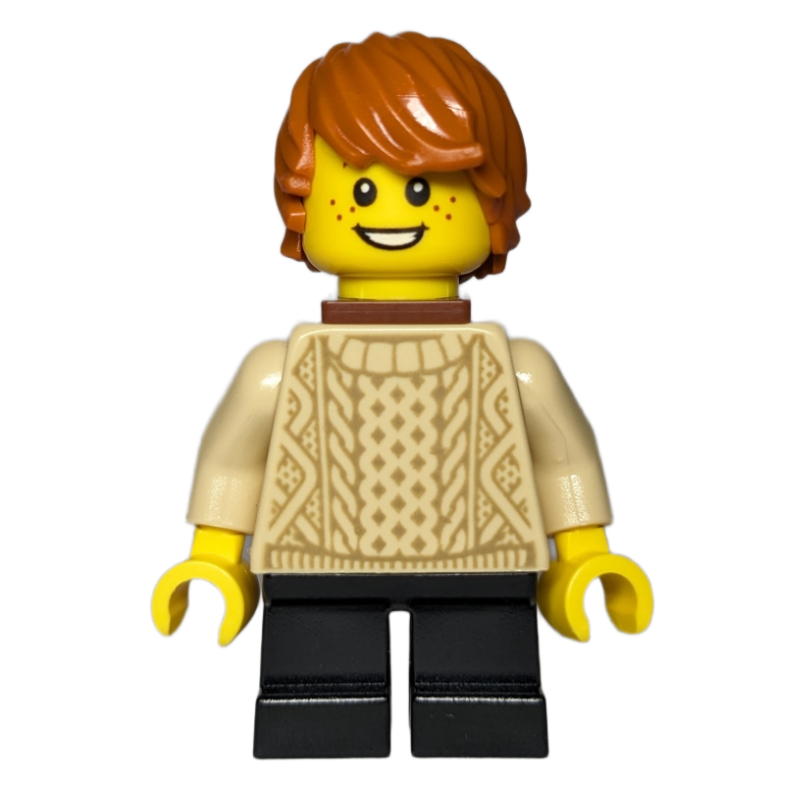 Lego Kid - Tan Torso, Black Legs, Dark Orange Hair
