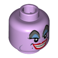 Lego Minifig Head Ursula, Raised Eyebrows, Gray and Blue Eye Shadow, Eyelashes, Cheek and Chin Lines, Black Dot / Beauty Mark / Mole near Red Lips, Open Mouth Smile print / Lavender