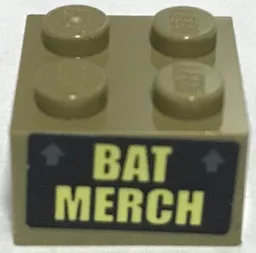 Brick 2 x 2 with Bright Light Yellow 'BAT MERCH' and 2 Dark Bluish Gray Arrows on Black Background Pattern (Sticker) - Set 70922