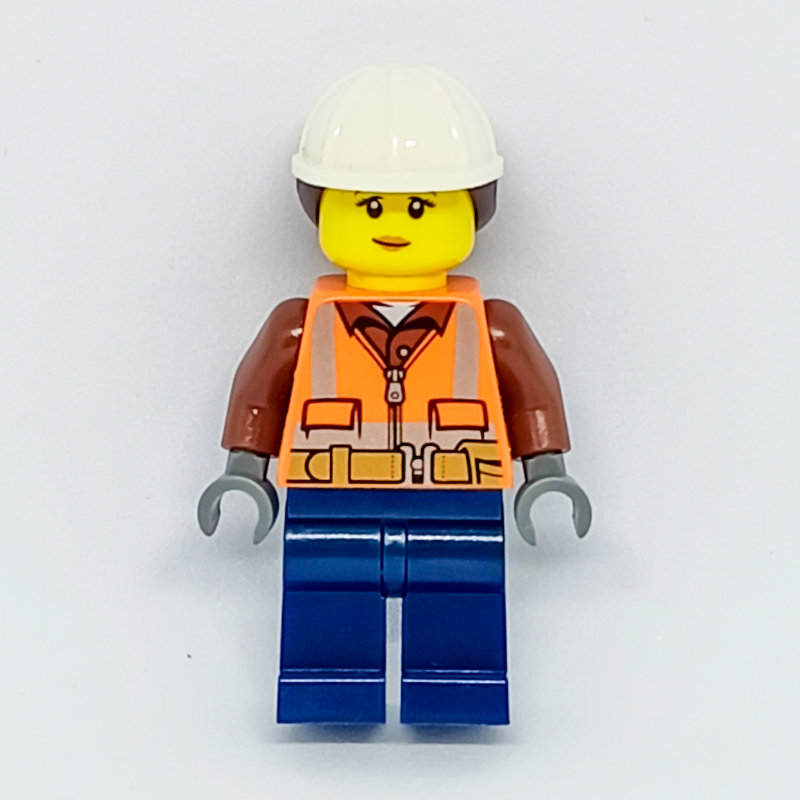 Lego Construction Worker, Woman, Orange Safety Vest with Zipper and Pockets, White Hard Hat with Hair