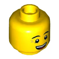 Minifig Head Ronny, Eyebrows, Crow's Feet, Open Mouth Smile / Queasy Face with Sweat Drop Print / Yellow