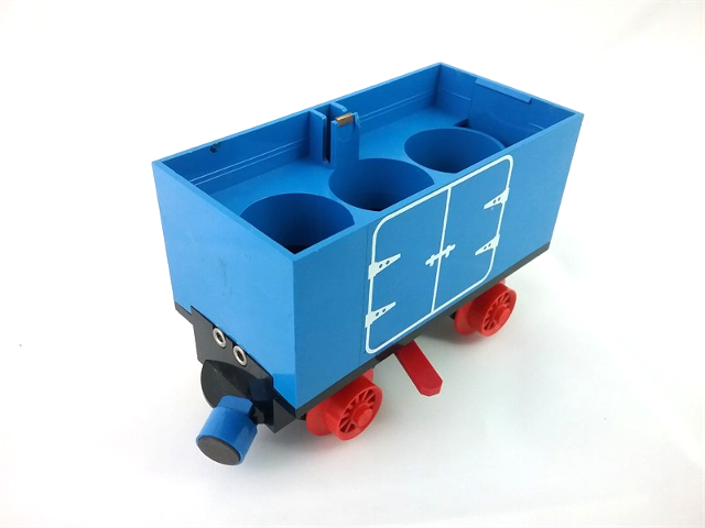 Lego Train Battery Box Car with Two Contact Holes, Red Switch Lever, Blue and Red Magnets, and Red Wheels with Hinged Doors Pattern on Both Sides (Stickers) - Set 7720