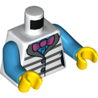 Lego Torso Vest, White and Dark Bluish Grey Stripes, Magenta Bow Tie, Dark Azure Shirt print, Dark Azure Arms, Yellow Hands / White