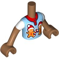 Lego Minidoll Torso Boy with Medium Nougat Arms and Hands with Bright Light Blue Shirt, Red Collar, Gingerbread Man print / Medium Nougat