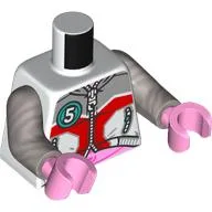 Torso, Jacket, Zipper, Light Bluish Grey/Red Shapes, Dark Turquoise Circle with White '5', Bright Pink Stomach Print, Flat Silver Arms, Bright Pink Hands / White