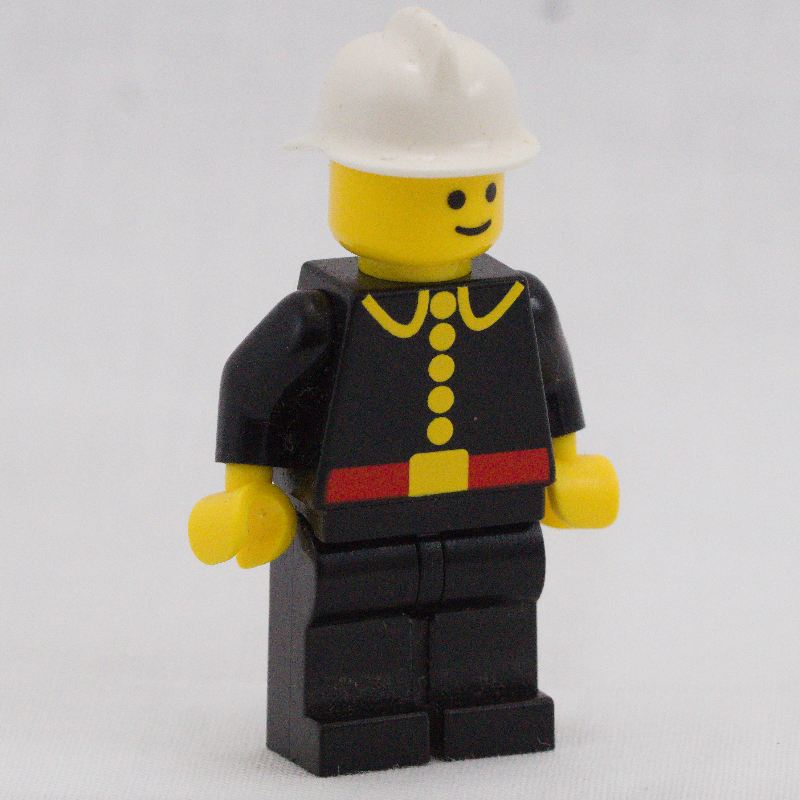 Lego Fireman, Classic, Black Fire Jacket with Red Belt and Buttons, White Helmet (Re-issue Torso)