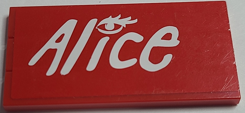 Lego Stickered Assembly 6 x 3 with White 'Alice' Logo and Eye with Eyelashes on Red Background Pattern Model Right Side (Sticker) - Set 8157