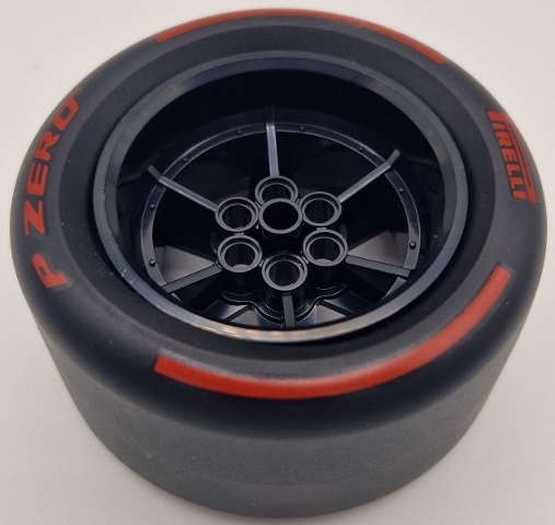 Lego Wheel 56mm D. x 34mm Technic Racing Medium, 6 Pin Holes with Black Tire 81.6mm D. x 44mm Smooth with Red 'PIRELLI', 'P ZERO' and Arcs Pattern (15038 / 4410pb01)