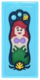 Tile 1 x 2 with Toy Box with Ariel, Red Hair, Green Mermaid Fin, Bubbles, Flounder and Yellow Seashell Pattern (Sticker) - Set 43302 / Medium Azure