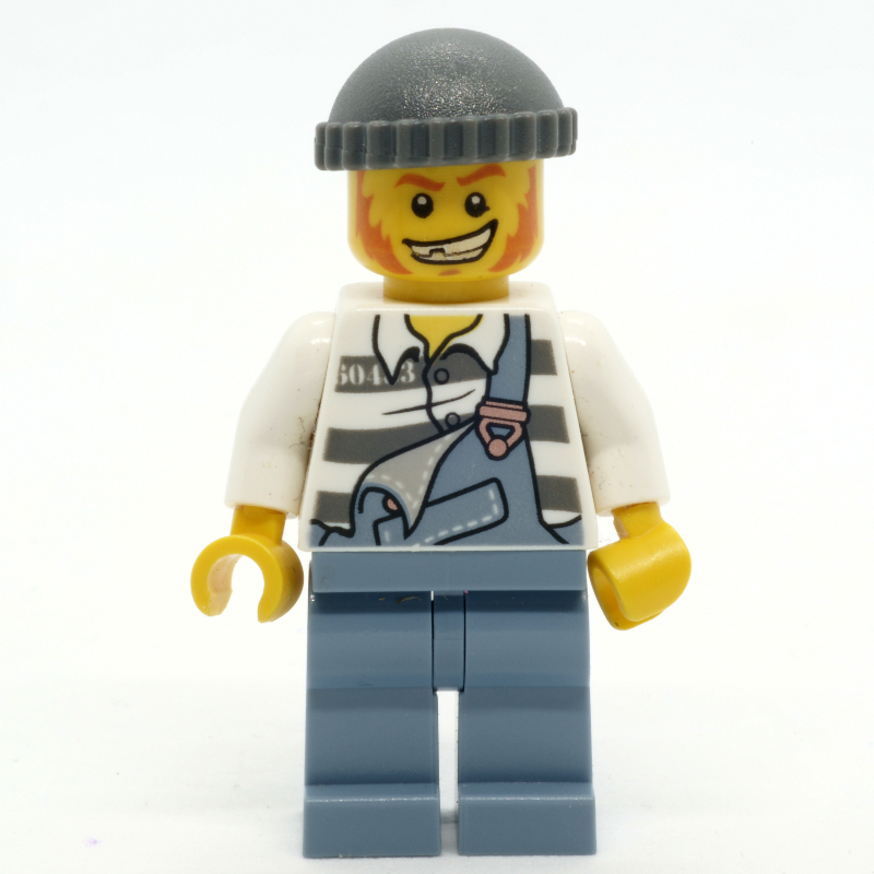 Lego Criminal, Overalls over Prison Shirt, Dark Bluish Gray Hat