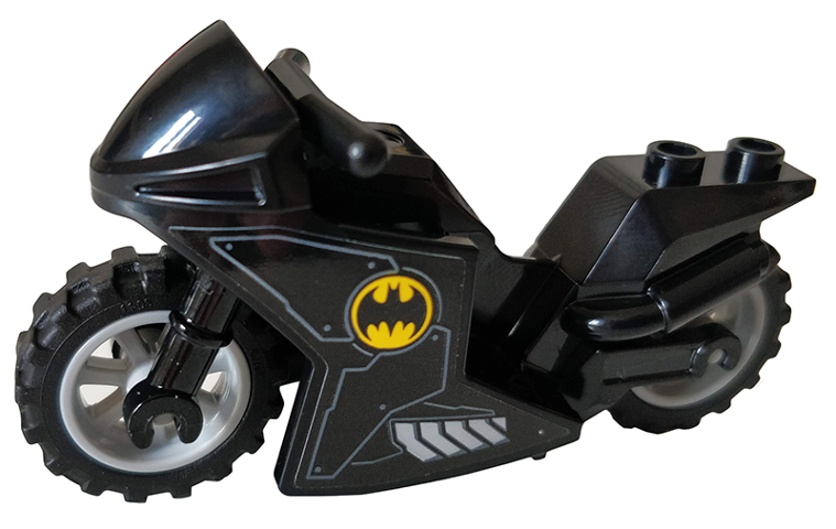 Lego Motorcycle Sport Bike with Black Frame, Light Bluish Gray Wheels and Black Handlebars with Batman Logo Pattern on Both Sides (Stickers) - Set 76160
