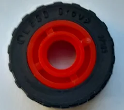 Wheel 11mm D. x 8mm with Center Groove, 4 Spokes with Black Tire 17.5mm D. x 6mm with Shallow Staggered Treads - Band Around Center of Tread (42610 / 92409) / Red