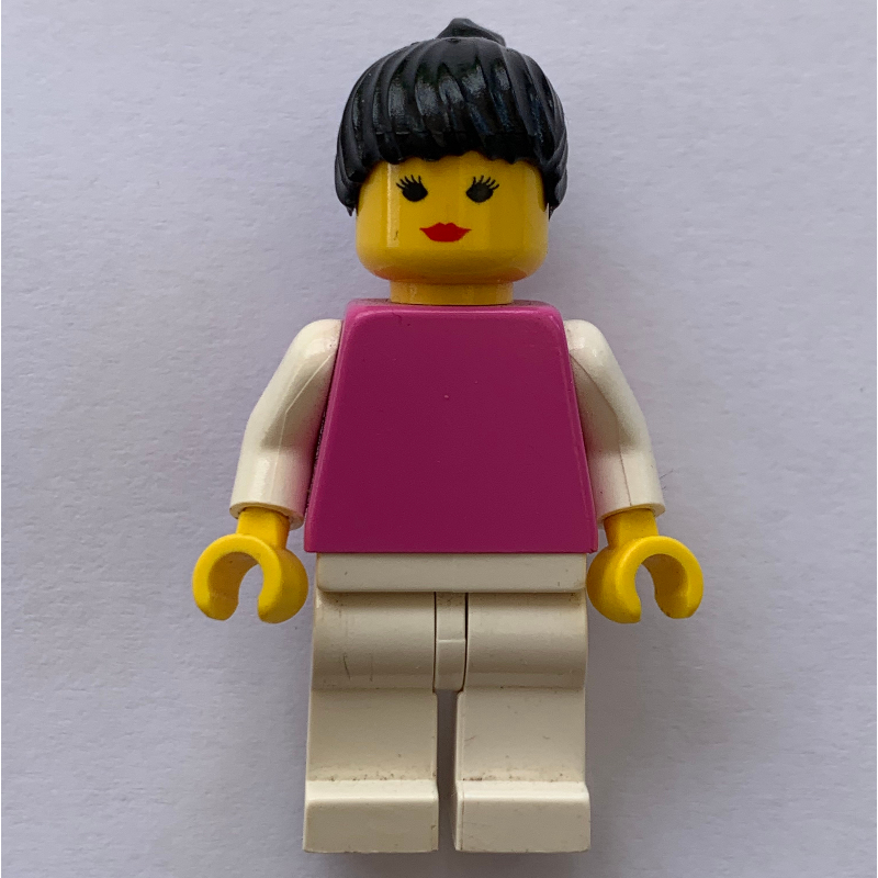 Lego Woman, Medium Dark Pink Torso, White Legs, Black Hair