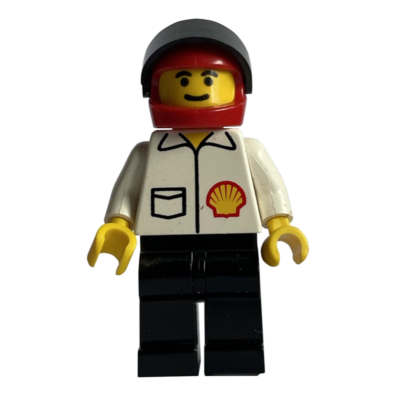 Lego Racer, White Shirt with Shell Logo, Black Legs, Red Helmet with Visor