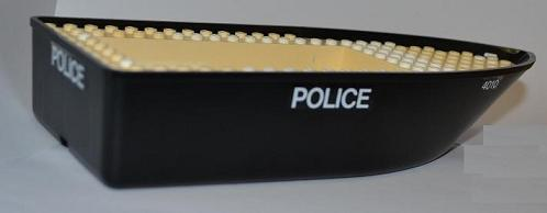 Lego Boat, Hull Unitary 25 x 10 x 4 1/3 Floating with White Deck with 4010 and Police Pattern (Stickers) - Set 4010