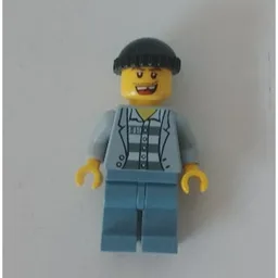 Criminal, Open Light Bluish Gray Jacket over Prison Shirt, Sand Blue Legs, Black Hat, Missing Tooth