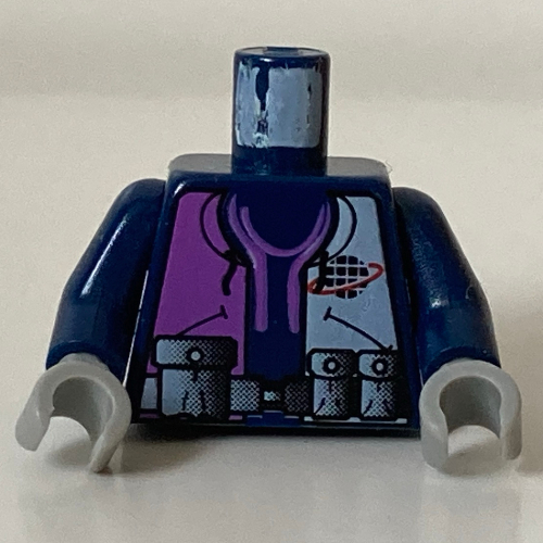 Lego Torso Jacket with Alpha Team Logo, Purple Shirt and 3 Pockets on Belt Print, Dark Blue Arms, Light Gray Hands / Dark Blue