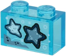 Brick 1 x 2 without Bottom Tube with 2 Blue Starfish on Transparent Background Pattern (Sticker) - Set 60266